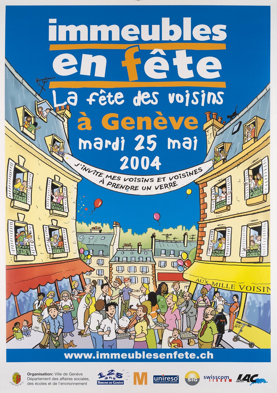 Immeubles en fête, La Fête des Voisins à Genève – Vintage poster – FAB – 2004