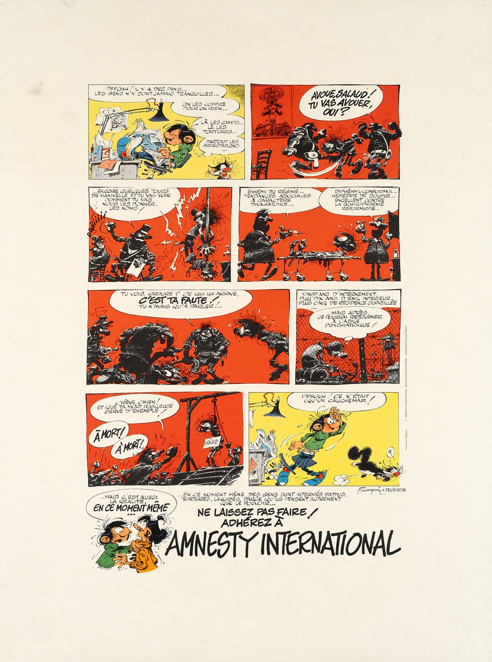 Ne laissez pas faire! Adhérez à Amnesty international, Gaston Lagaffe – Affiche ancienne – André FRANQUIN – 1980
