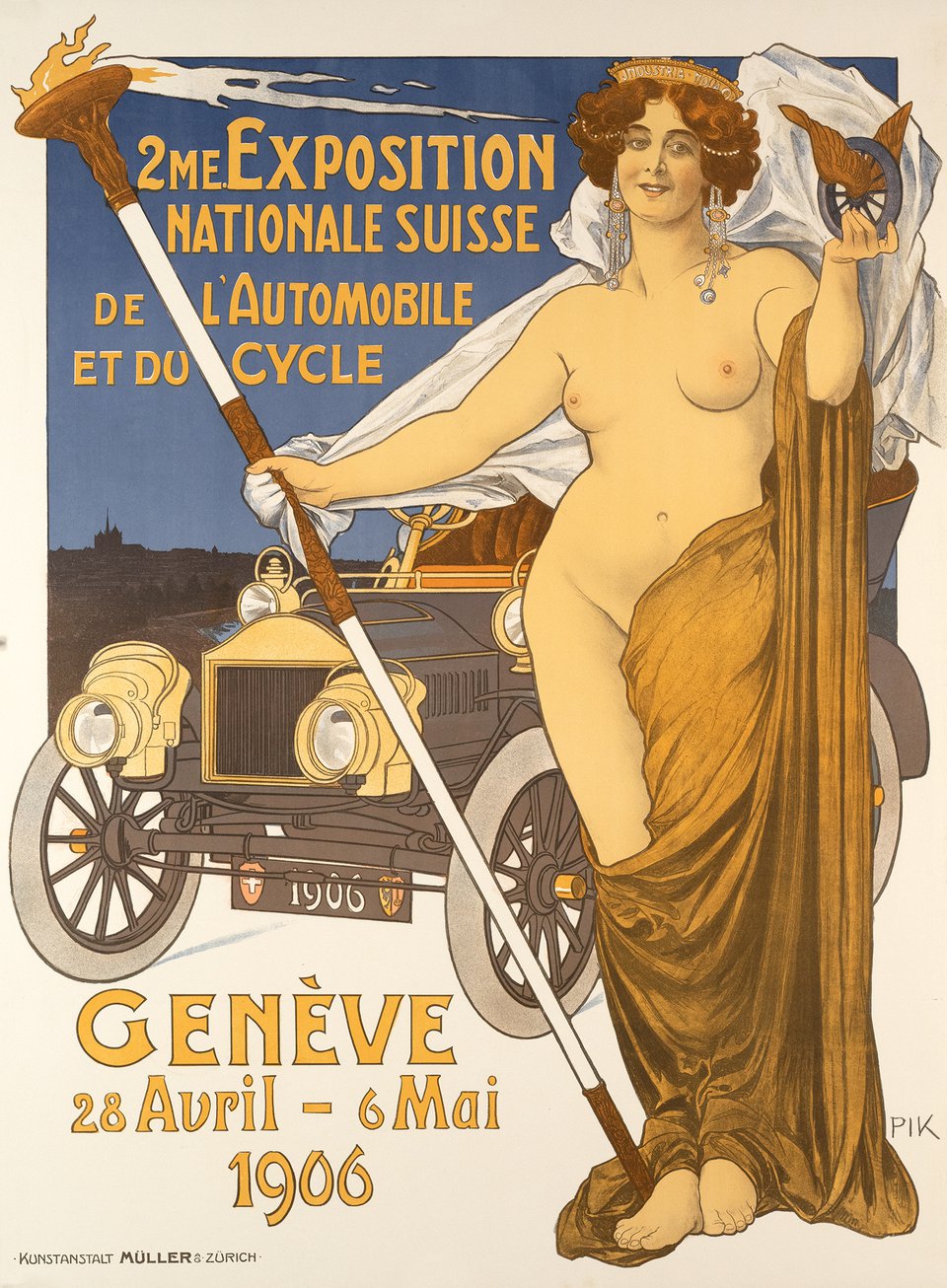 2ème Exposition Nationale Suisse de l'automobile & du cycle, Genève 1906 – Affiche ancienne – PIK, Paul KRAWUTSCHKE – 1906
