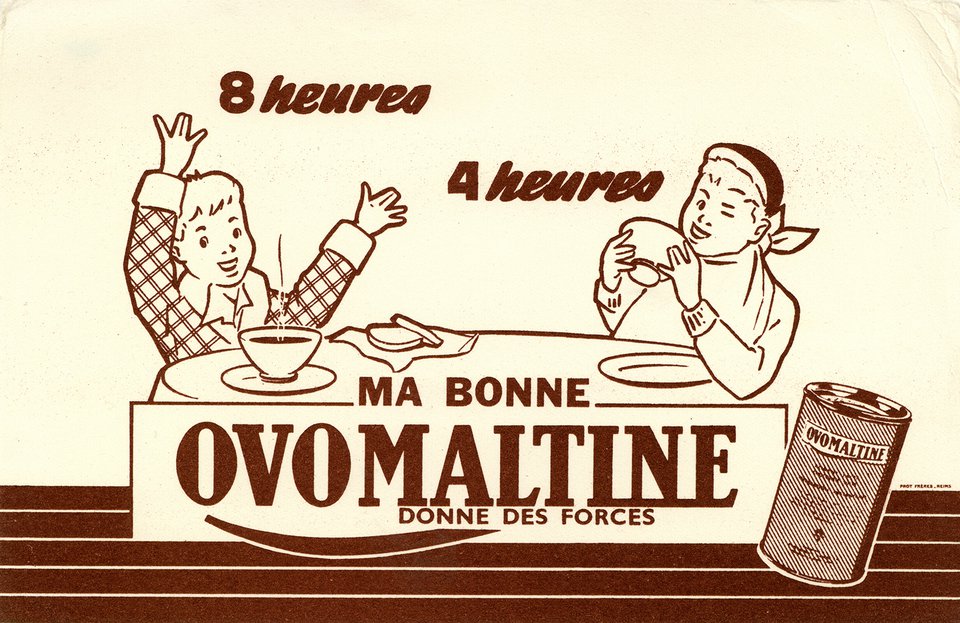 8 heures 4 heures, Ma Bonne Ovomaltine donne des forces – Vintage poster – ANONYMOUS – 1955