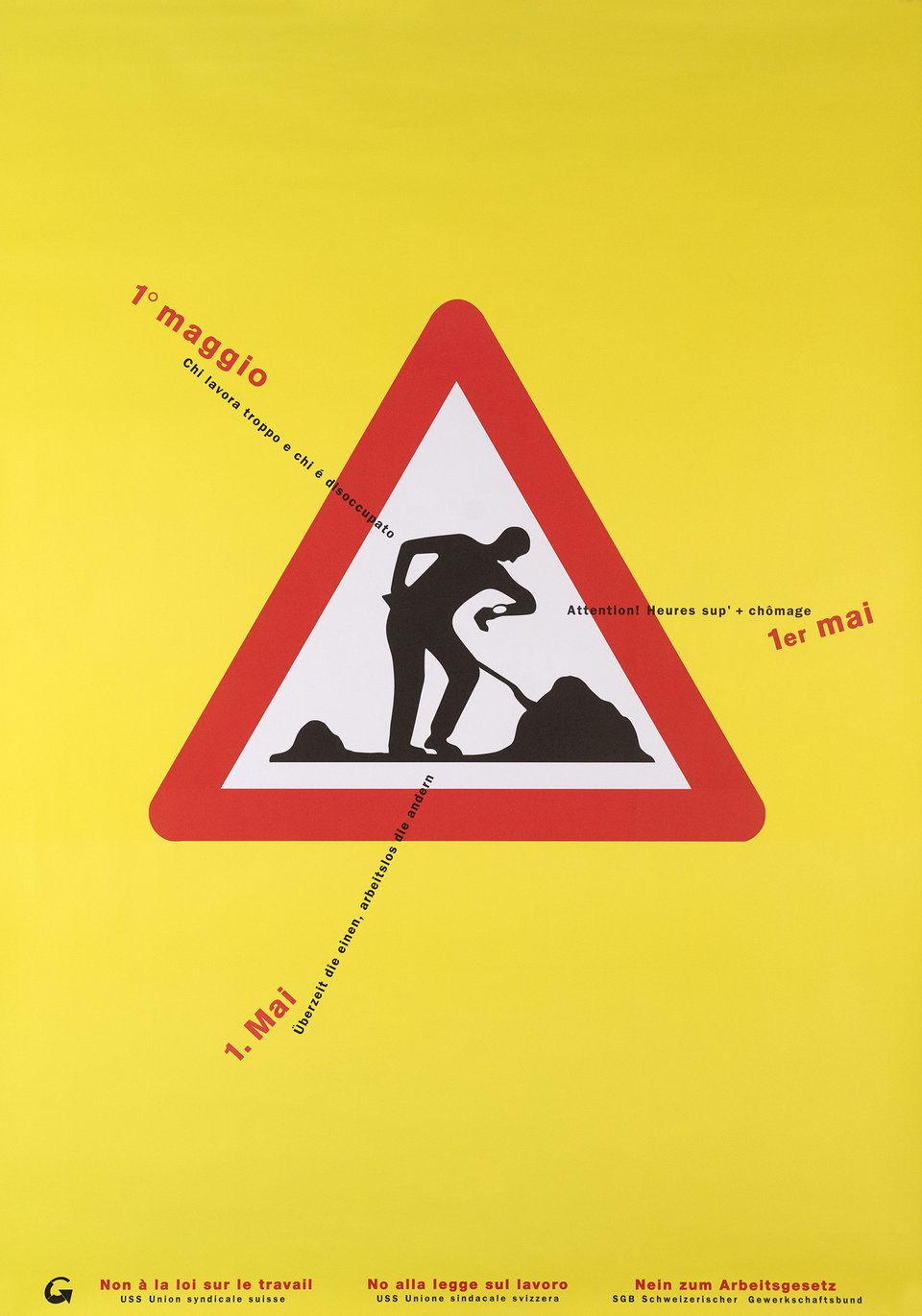 1er Mai, Attention! Heures sup' + chômage, Non à la loi sur le travail, Union Syndical Suisse – Affiche ancienne – ANONYMOUS – 1995