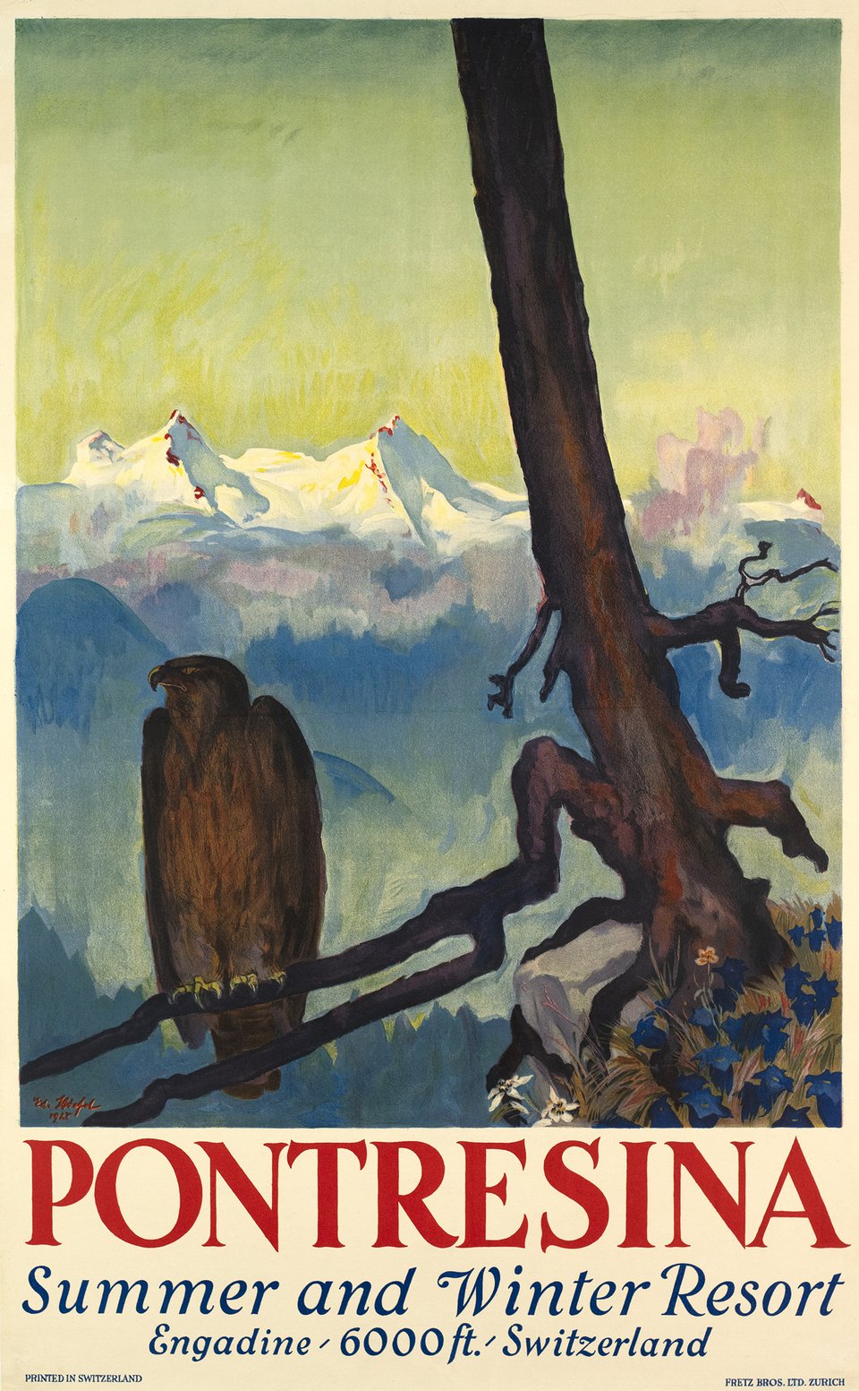 Pontresina, Summer and Winter Resort – Affiche ancienne – Eduard STIEFEL – 1927