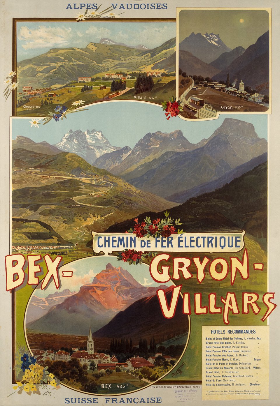 Chemin de fer électrique Bex - Gryon - Villars, Hotels recommandés – Affiche ancienne – Anton RECKZIEGEL – 1900
