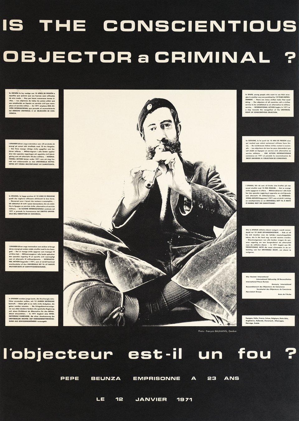 L'objecteur est-il un fou, Pepe Beunza emprisonné à 23 ans – Affiche ancienne – François BAUMANN – 1971