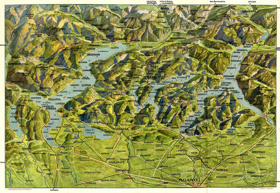 Carte d'excursions, Lugano et les trois lacs