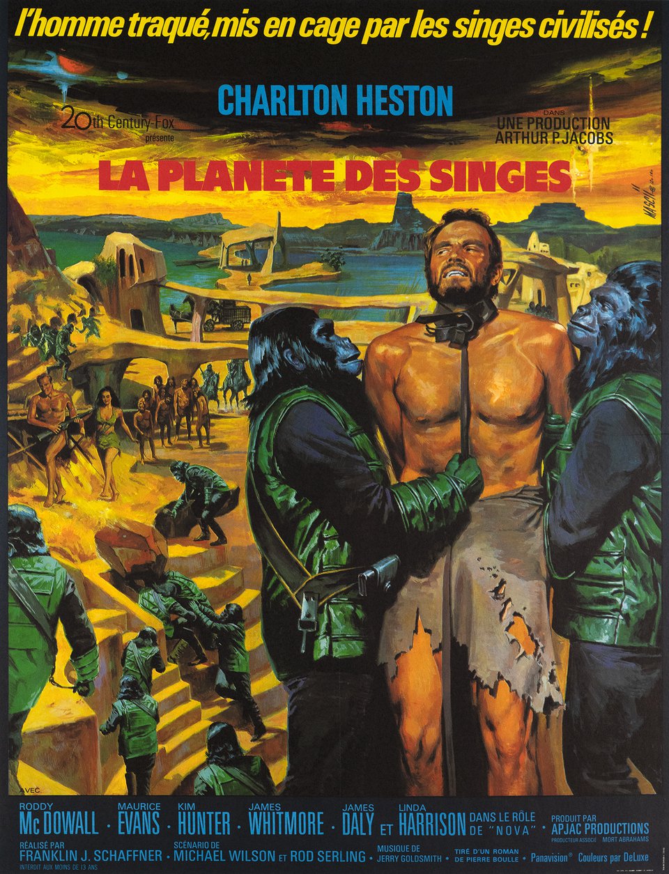 La Planète des Singes, L'homme traqué, mis en cage par les singes civilisés! – Affiche ancienne – Jean MASCII – 1968
