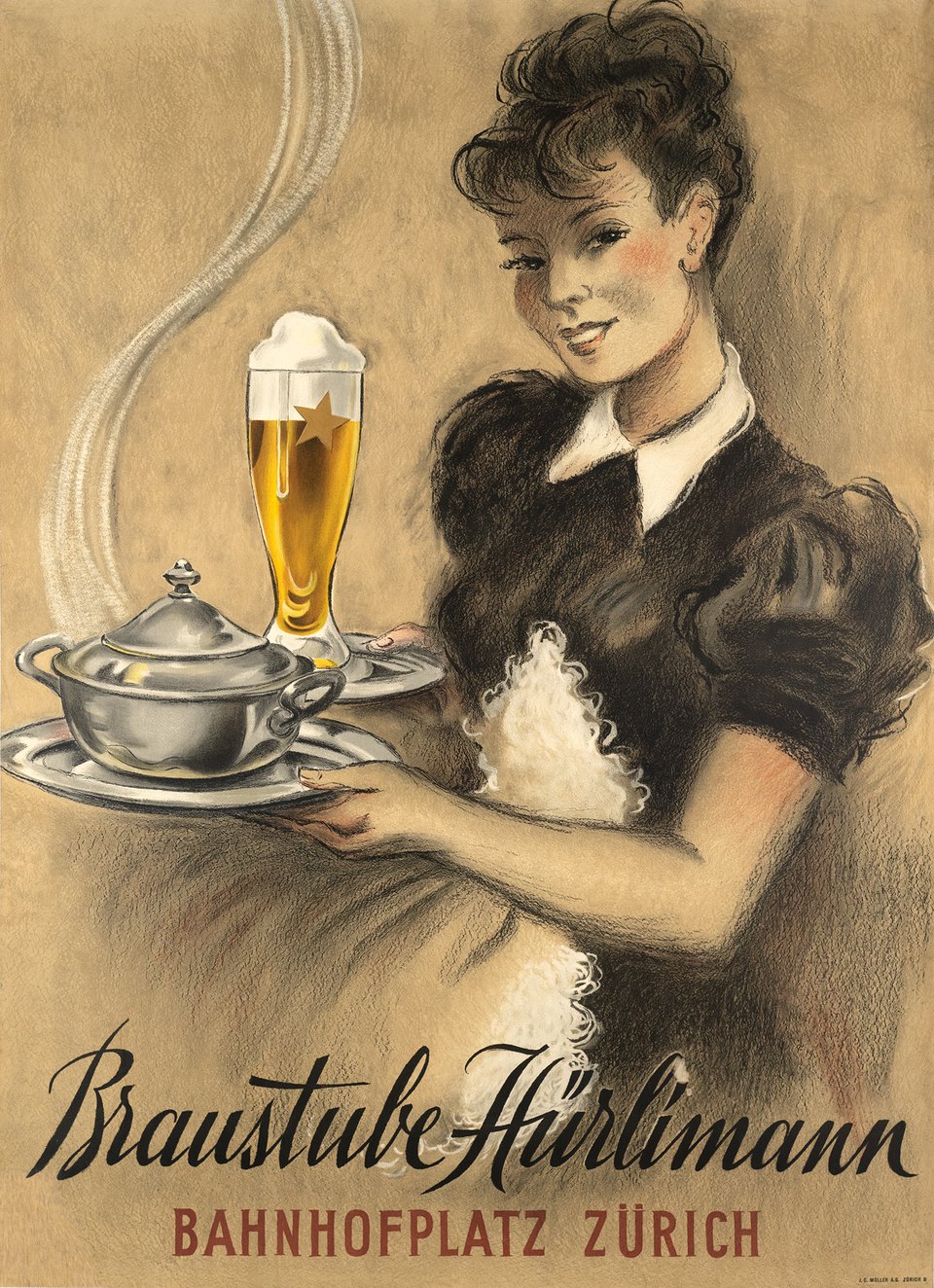 Braustube Hürlimann, Bahnhofplatz Zürich – Affiche ancienne – Hugo LAUBI – 1949
