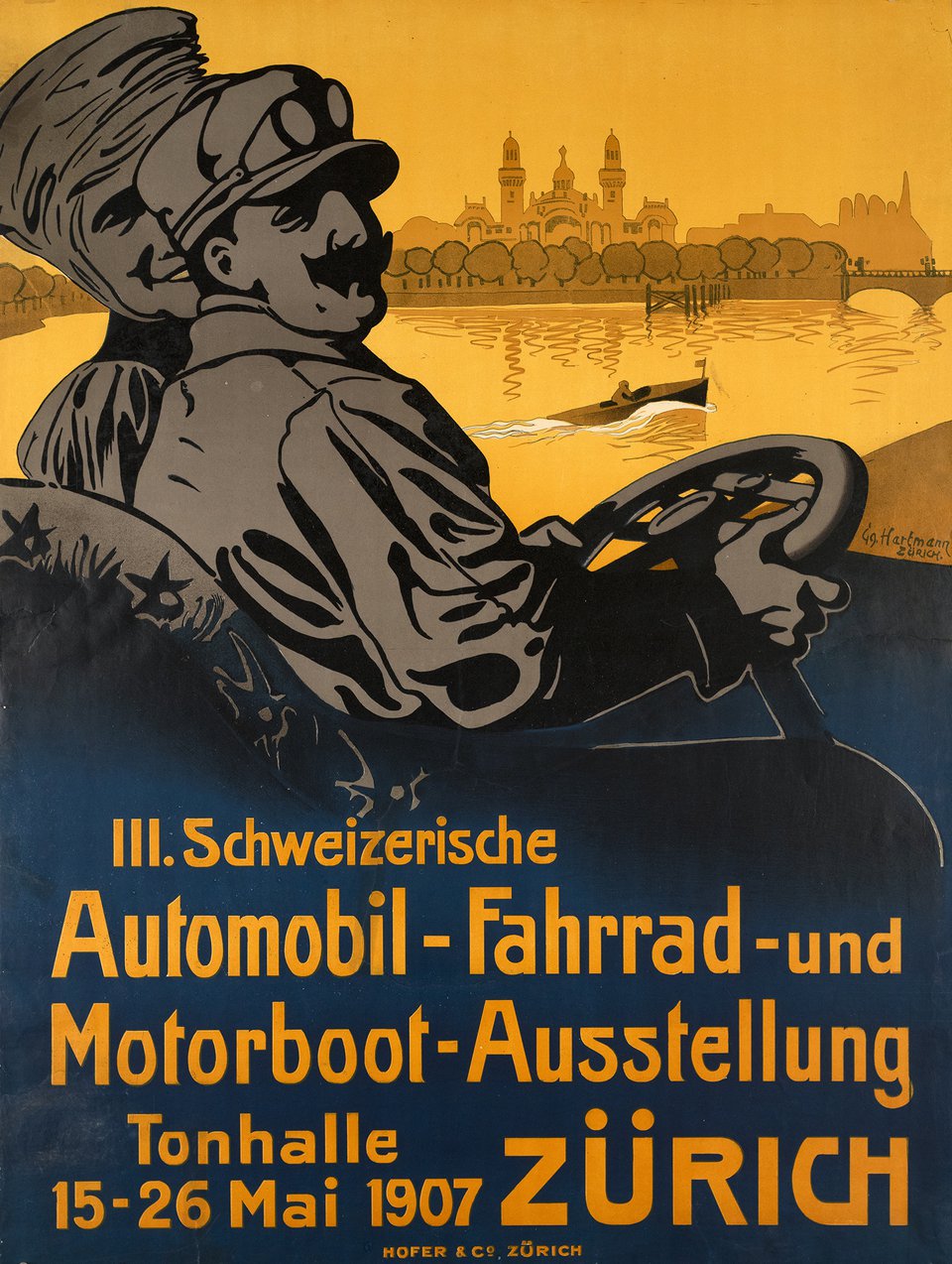 Exposition de voitures et motos, Zürich – Affiche ancienne – Gerhard HARTMANN – 1907