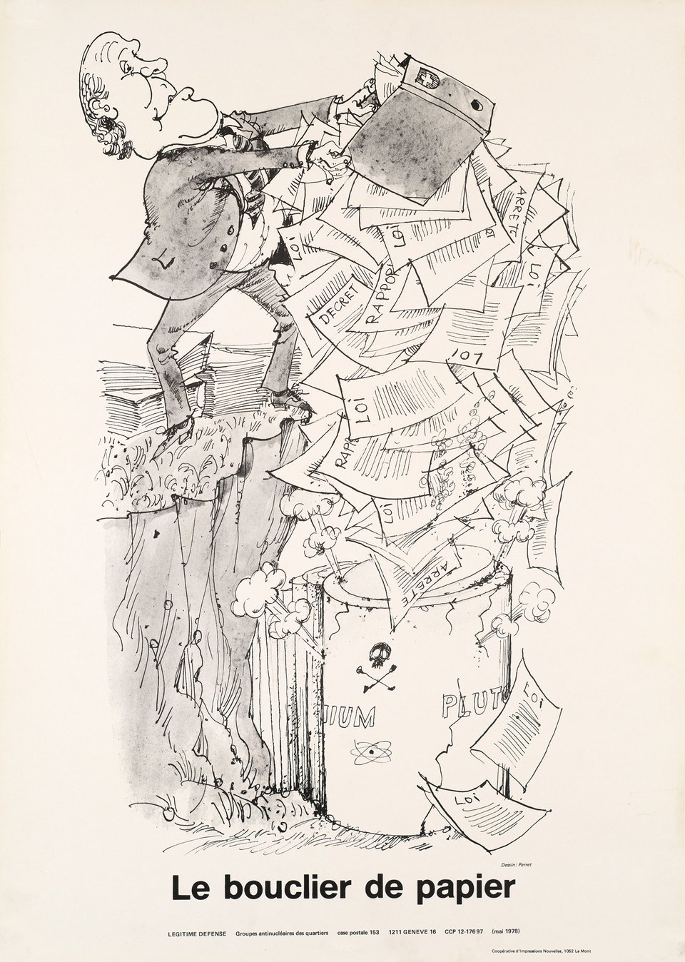 Le Bouclier de Papier, Légitime Défense, Groupes Antinucléaires des Quartiers – Vintage poster – PERRET – 1978