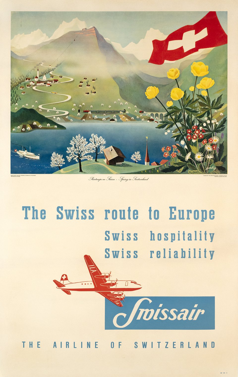 Swissair, The Swiss route to Europe, Printemps en Suisse – Vintage poster – Richard GERBIG – 1948