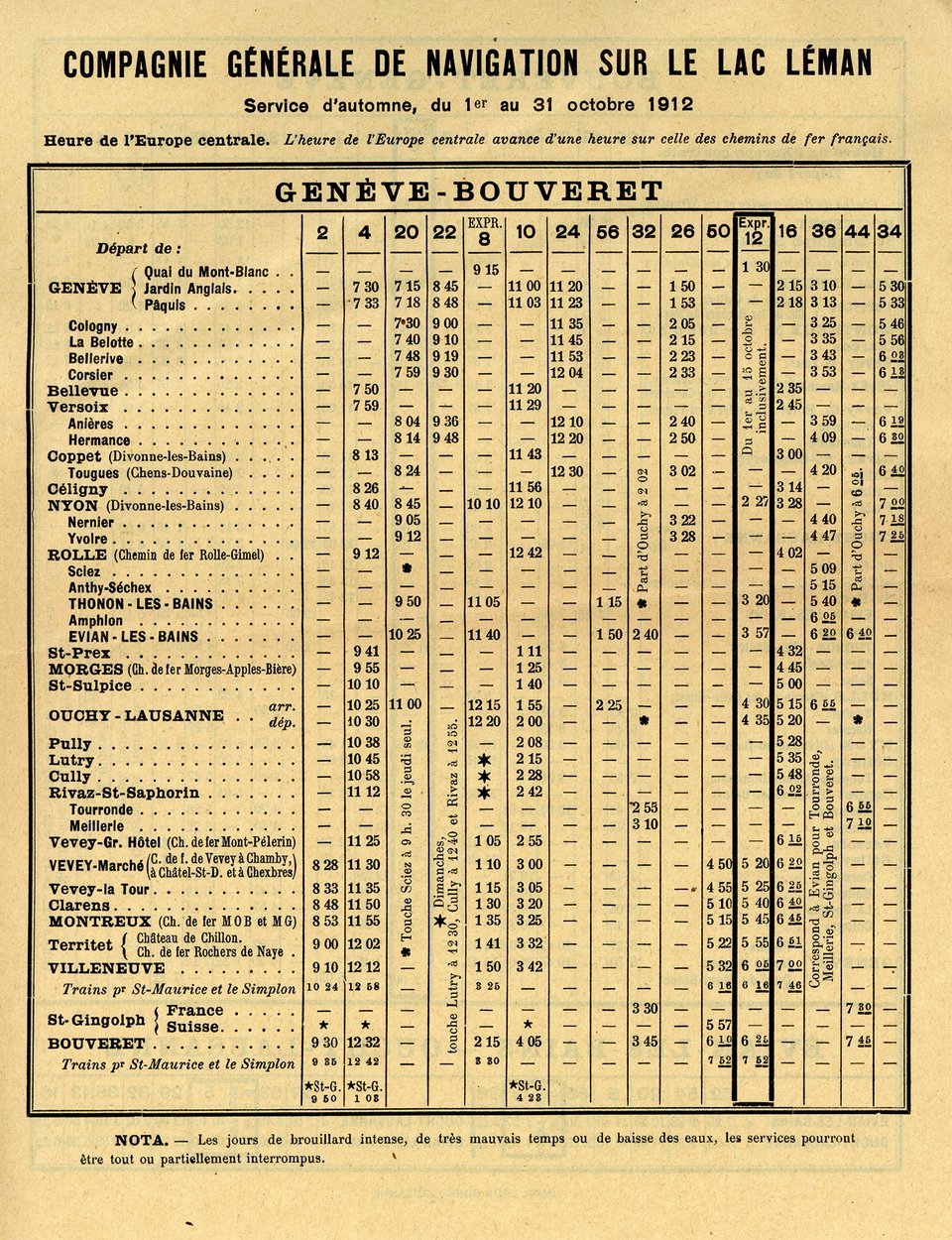CGN, Compagnie Générale de Navigation sur le Lac Léman, horaire des bateaux sur le Lac Léman – Affiche ancienne – ANONYMOUS – 1912