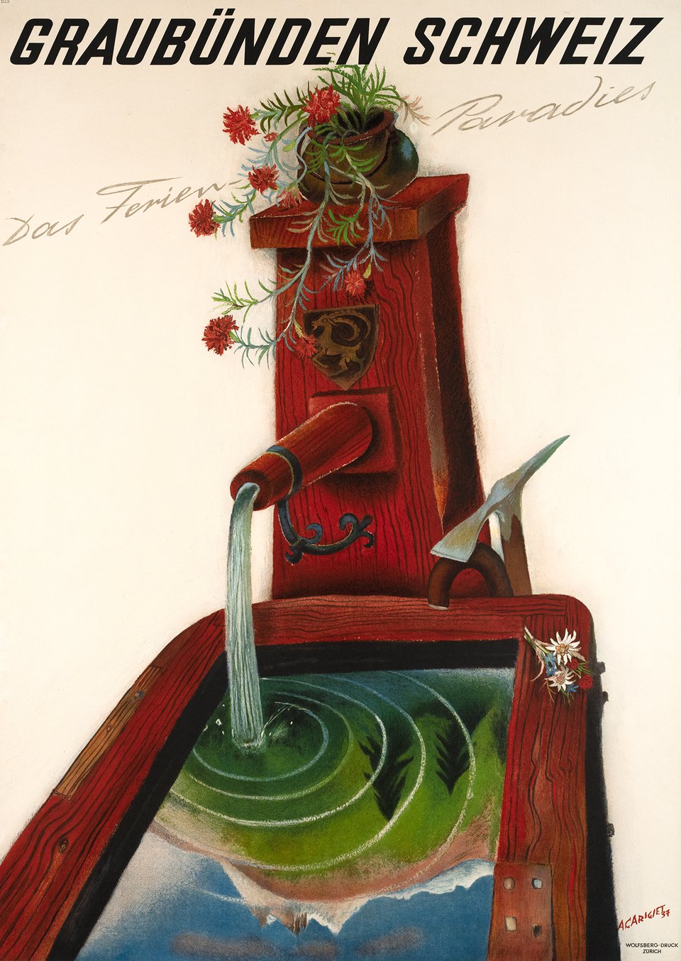 Graubünden, Schweiz, Das Ferien-Paradies – Affiche ancienne – Alois CARIGIET – 1937