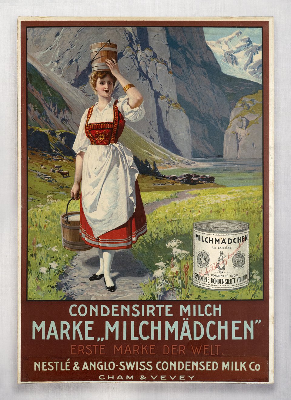 La Laitière, Condensirte Milch Marke "Milchmädchen", Erste Marke der Welt, Nestlé Vevey – Affiche ancienne – ANONYMOUS – 1900