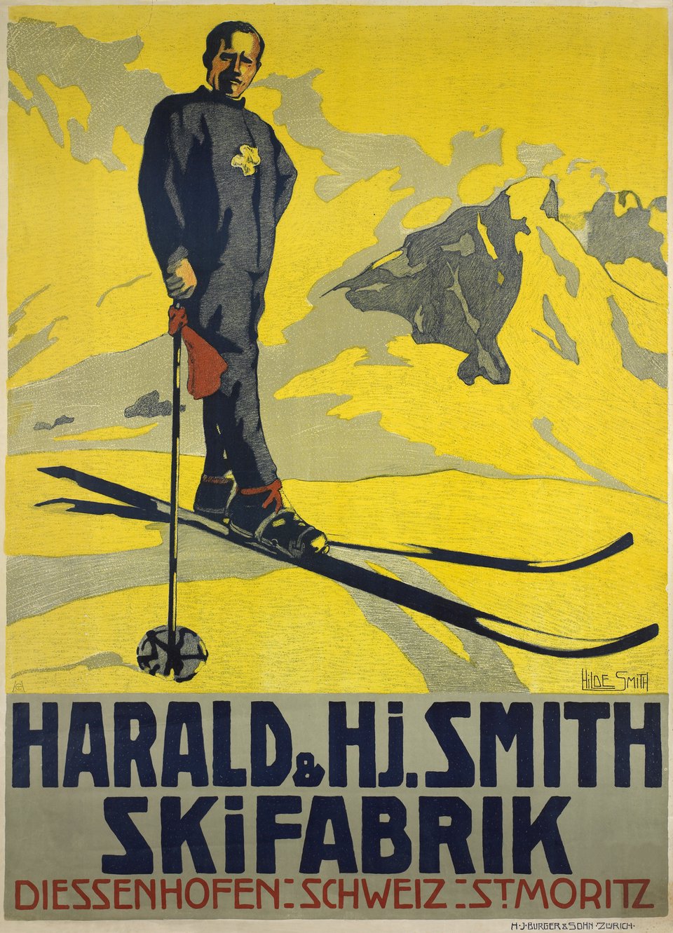 St Moritz, Harald& HJ. Smith Skifabrik – Affiche ancienne – Hilde SMITH – 1904