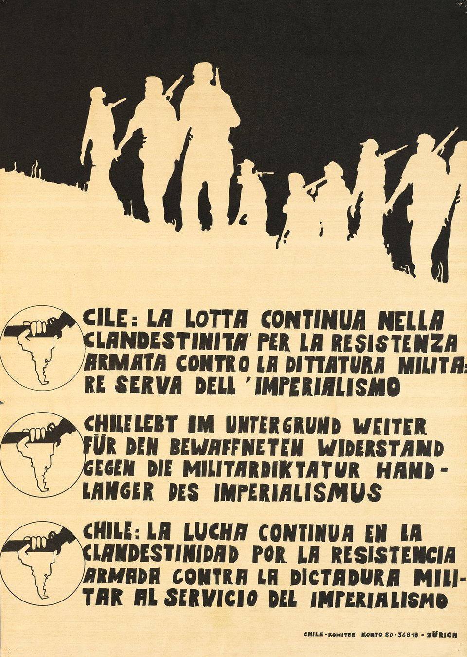 Cile: La lotta continua nella clandestina' per la resistanza armata contro la dittatura militare serva dell' imperialismo – Affiche ancienne – ANONYMOUS – 1985