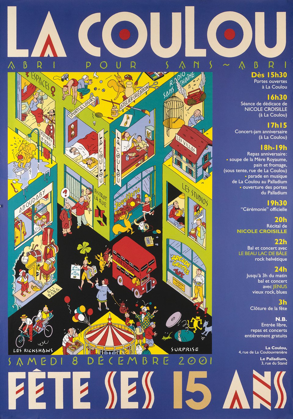 La Coulou fête ses 15 ans, Abri pour sans-abri – Vintage poster – EXEM, Emmanuel EXCOFFIER – 2001