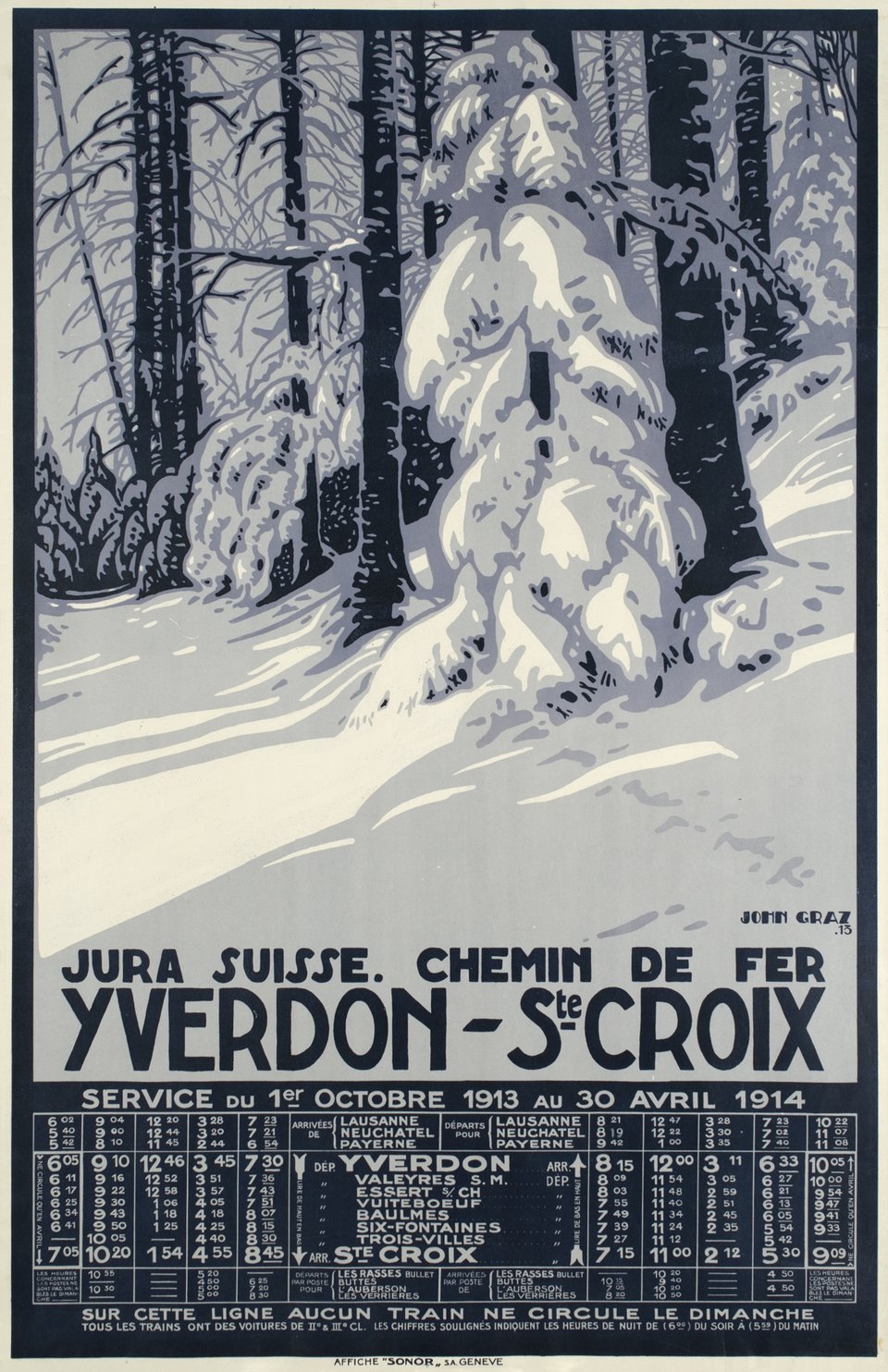 Yverdon St-Croix, Chemin de Fer, Jura Suisse – Affiche ancienne – John GRAZ – 1913