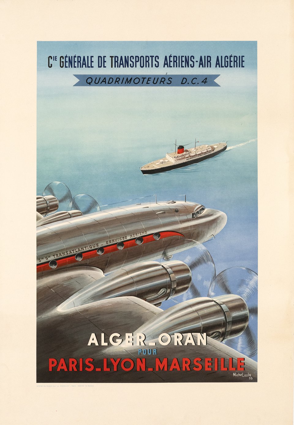 Compagnie Générale des Transports aériens, Air Algérie Paris-Lyon-Marseille pour Alger-Oran – Vintage poster – Michel LEZLA – 1953