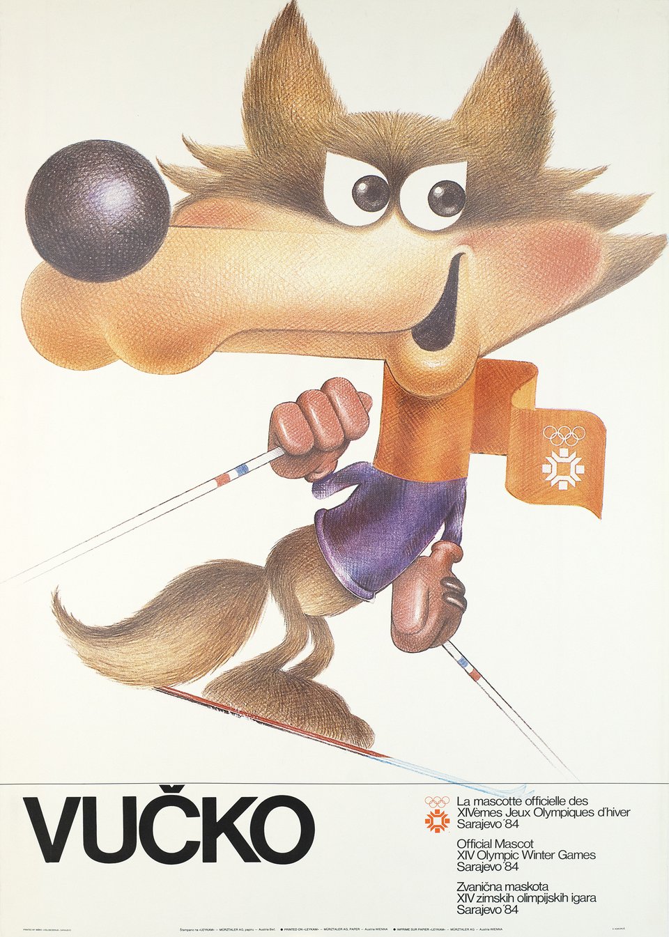 Vucko, la mascotte officielle des 14e Jeux Olympiques d'hiver, Sarajevo 84 – Affiche ancienne – S. KOKORUS – 1984