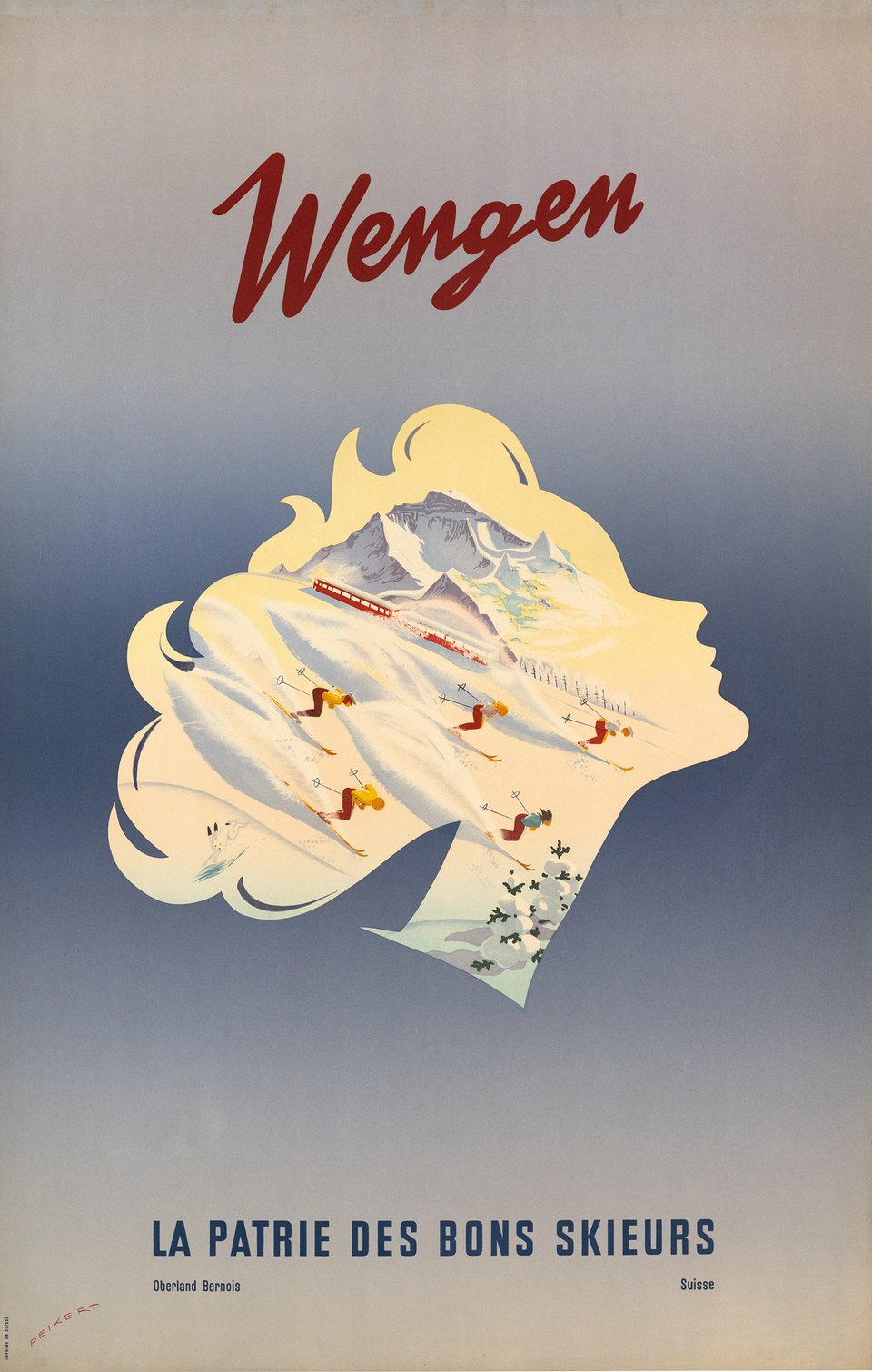 Wengen, la patrie des bons skieurs, Oberland bernois Suisse – Vintage poster – Martin PEIKERT – 1952