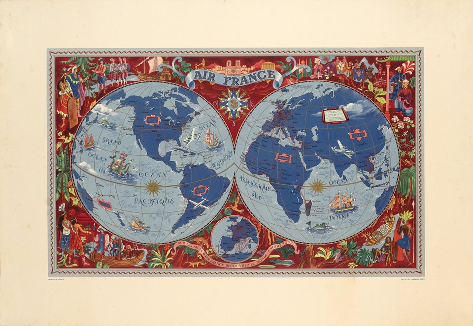 Air France, Planisphère – Affiche ancienne – Lucien BOUCHER – 1950