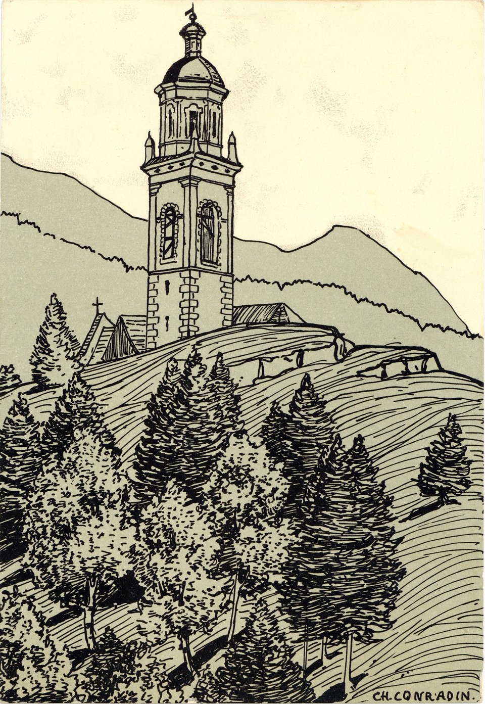 Église de Tiefencastel, Carte Mono – Affiche ancienne – CH. CONRADIN – 1907