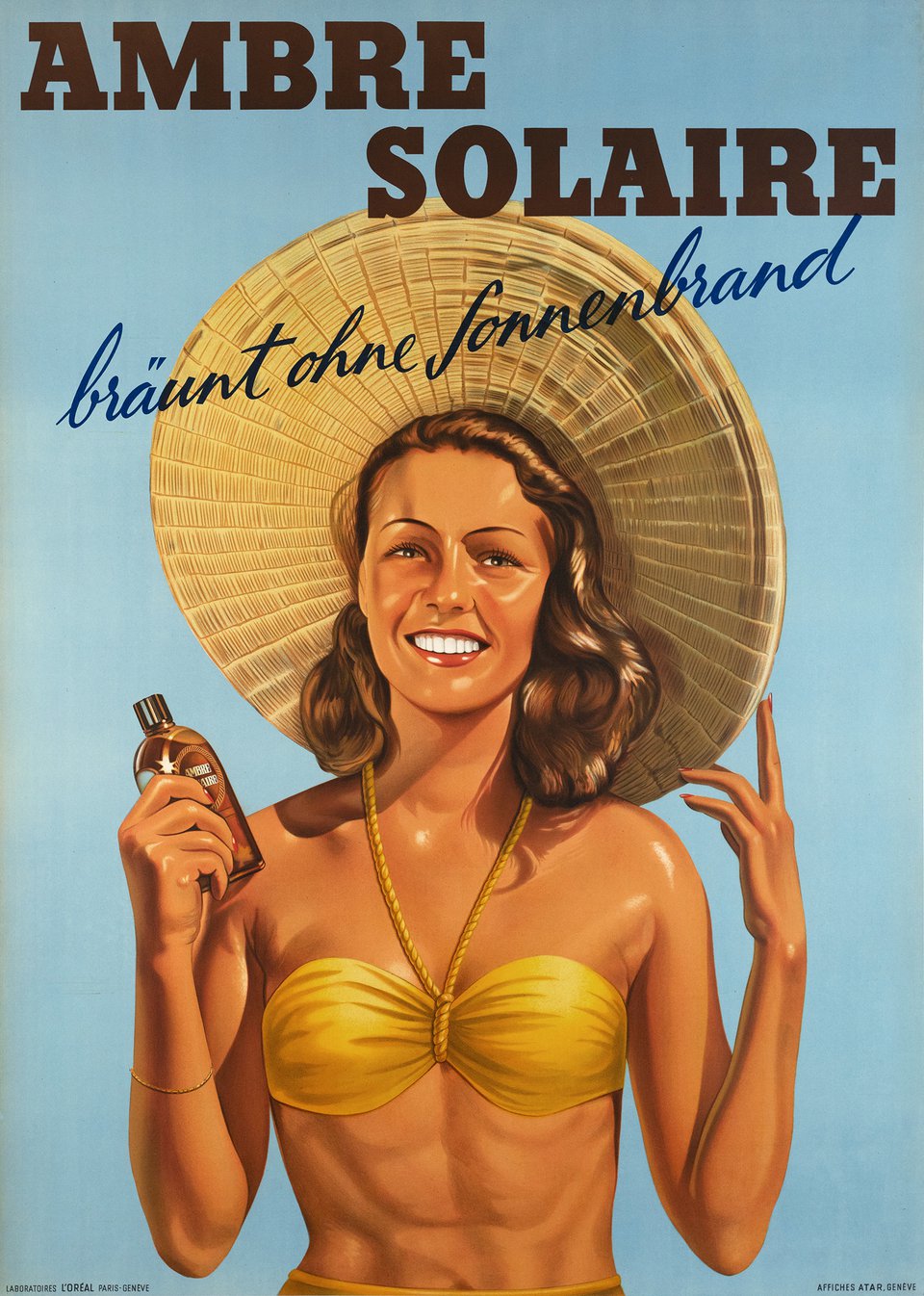 Ambre Solaire, Bräunt ohne Sonnenbrand – Affiche ancienne – ANONYMOUS – 1948