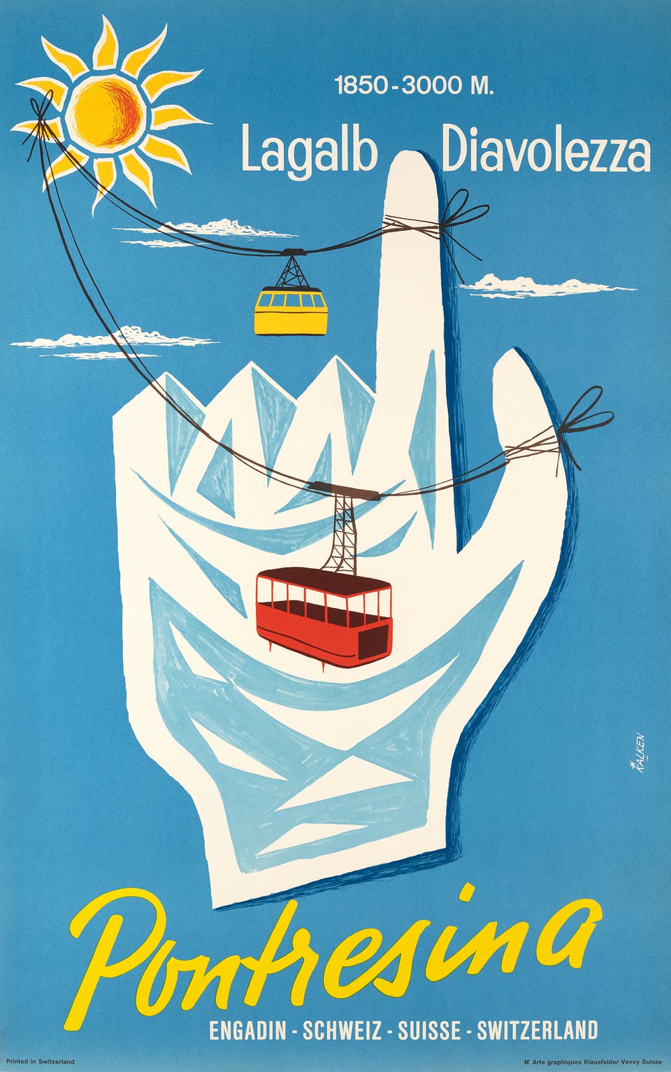 Pontresina, Lagalb Diavolezza, Engadin, Schweiz – Affiche ancienne – KALKEN – 1970