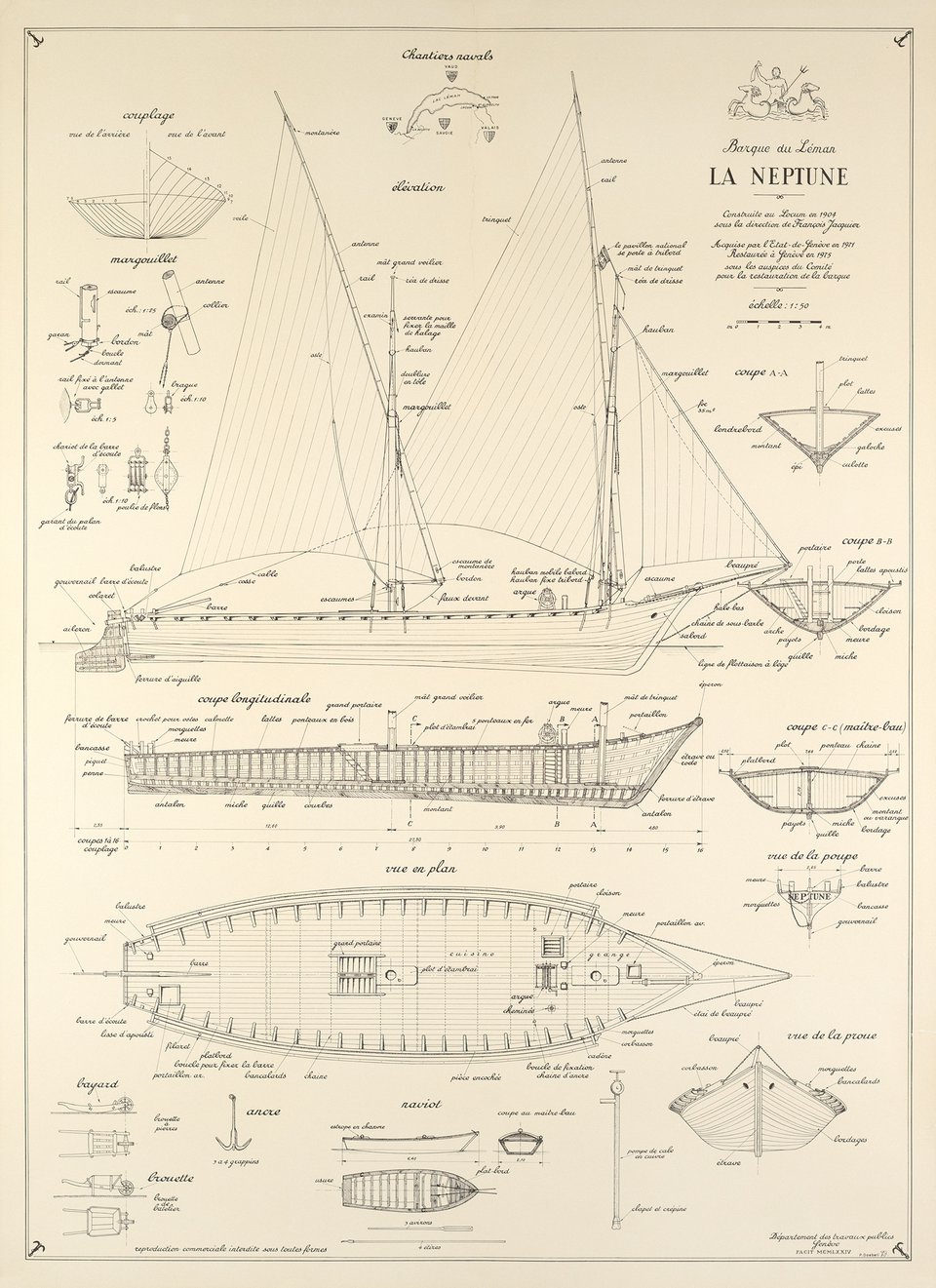 La Neptune, Barque du Léman – Affiche ancienne – P. DOEBELI – 1975