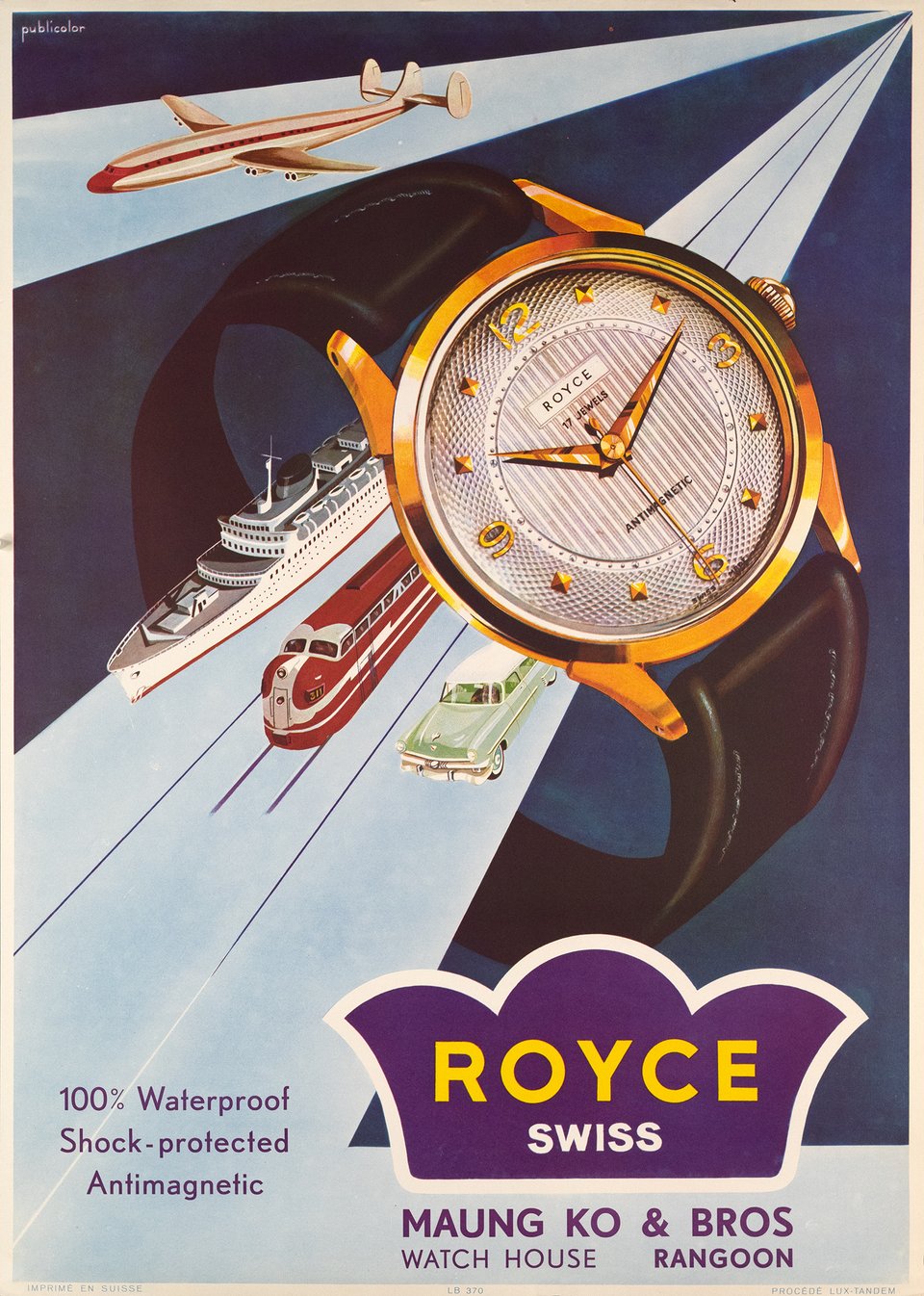 Royce Swiss, Mang Ko & Bros, Watch House Rangoon – Vintage poster – PUBLICOLOR – 1950