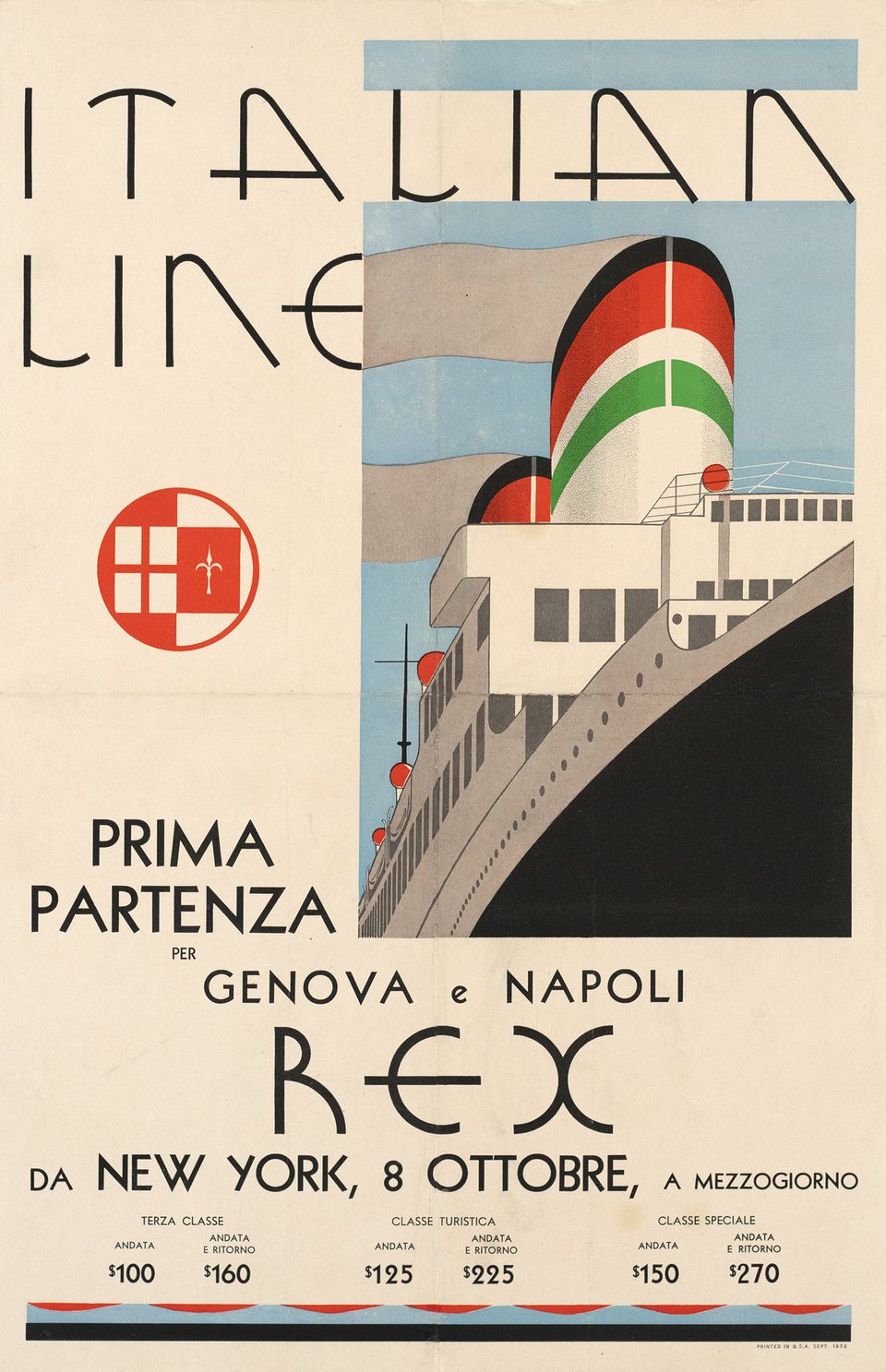 Italian Line, Prima Partenza per Genova e Napoli, Rex, da New York – Vintage poster – ANONYMOUS – 1932