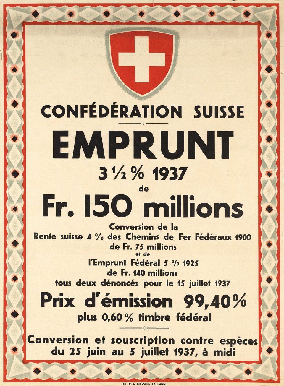 Confédération Suisse, Emprunt CFF 1937 – Vintage poster – ANONYMOUS – 1937