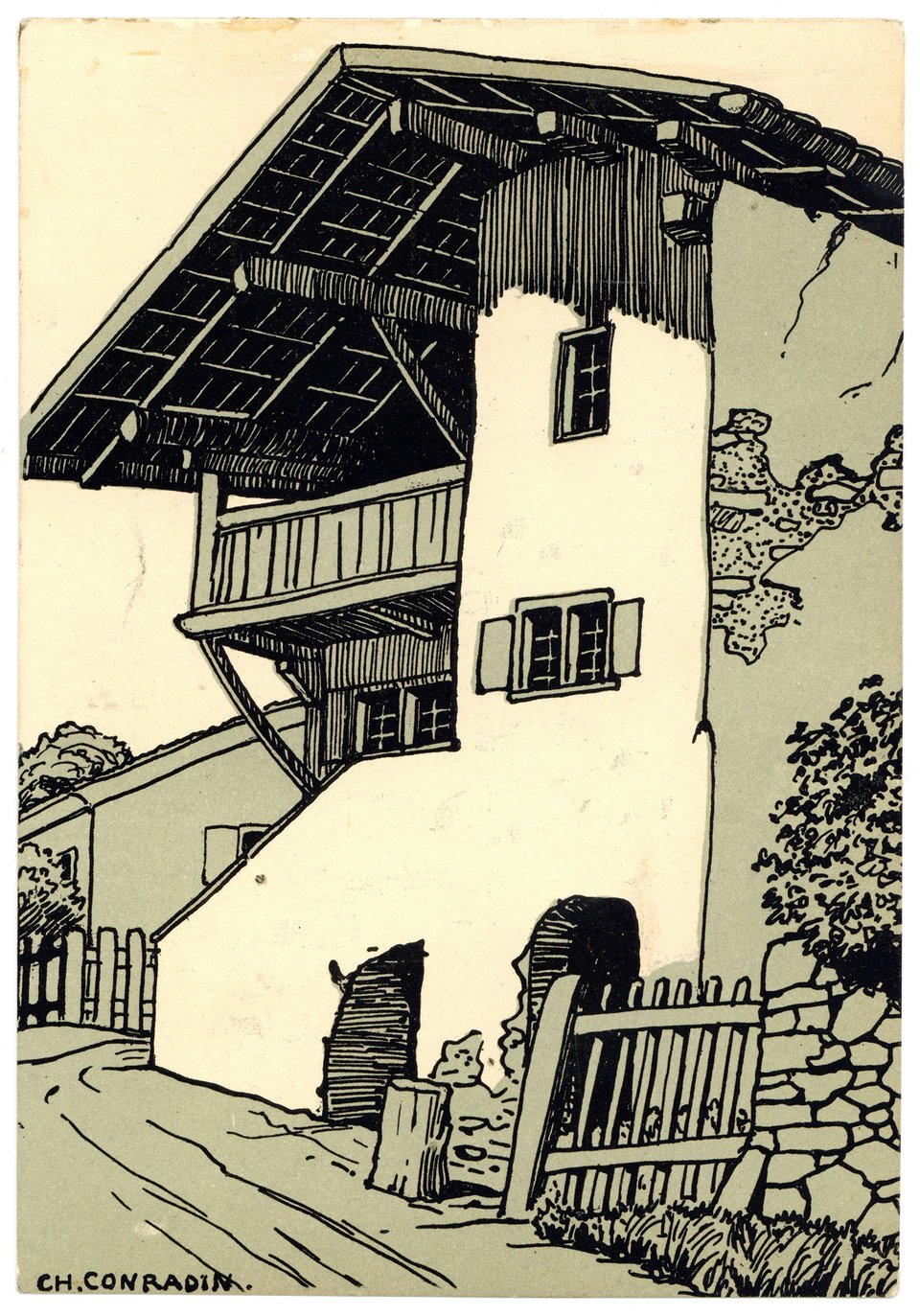 Maison paysanne à Cazis, Carte Mono – Affiche ancienne – CH. CONRADIN – 1907