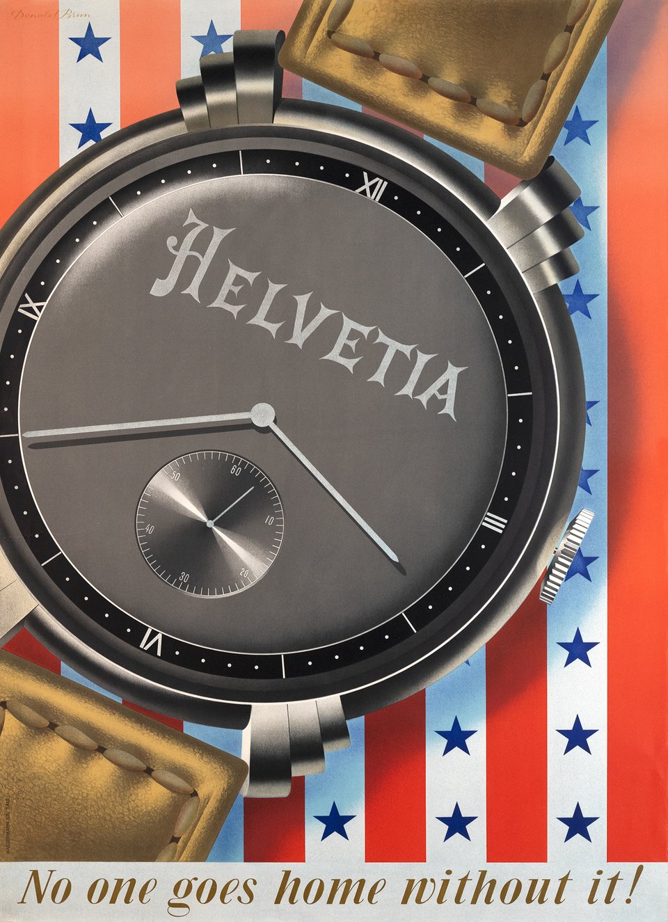 Helvetia watches, No one goes home without it ! – Vintage poster – Donald BRUN – 1946