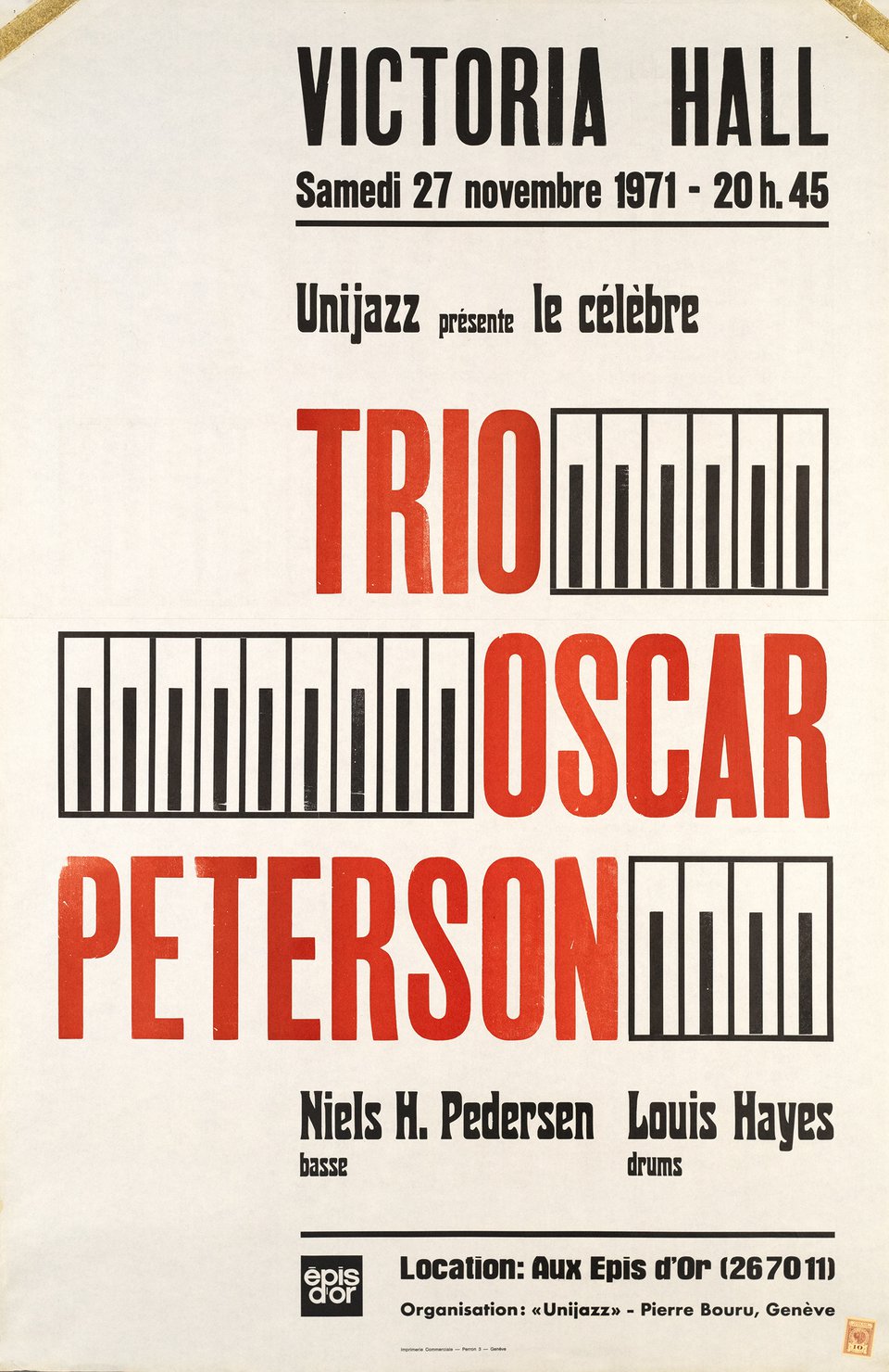 Unijazz présente le célèbre Trio Oscar Peterson, Victoria Hall – Affiche ancienne – ANONYMOUS – 1971