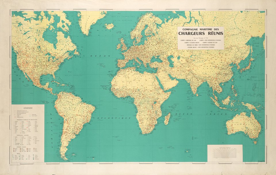 Compagnie Maritime des Chargeurs Réunis, Carte Géographique – Affiche ancienne – ANONYMOUS – 1950