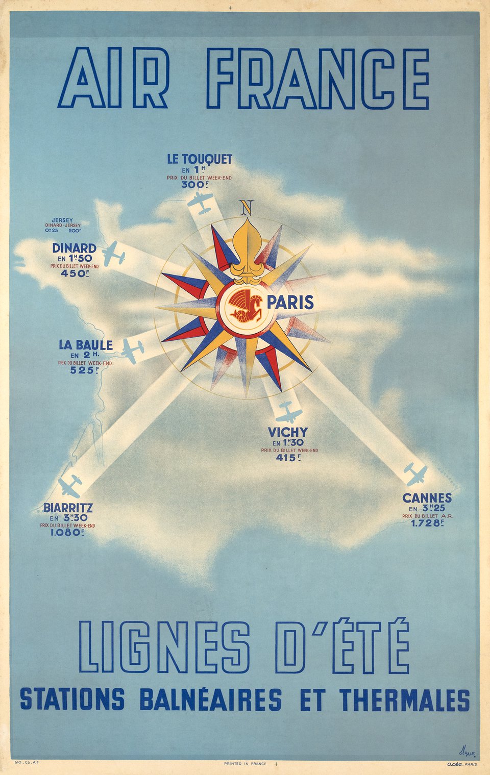Air France, Lignes d'été, Stations balnéaires et thermales – Affiche ancienne – GERAL, N. GERALD ALEXANDRE – 1940