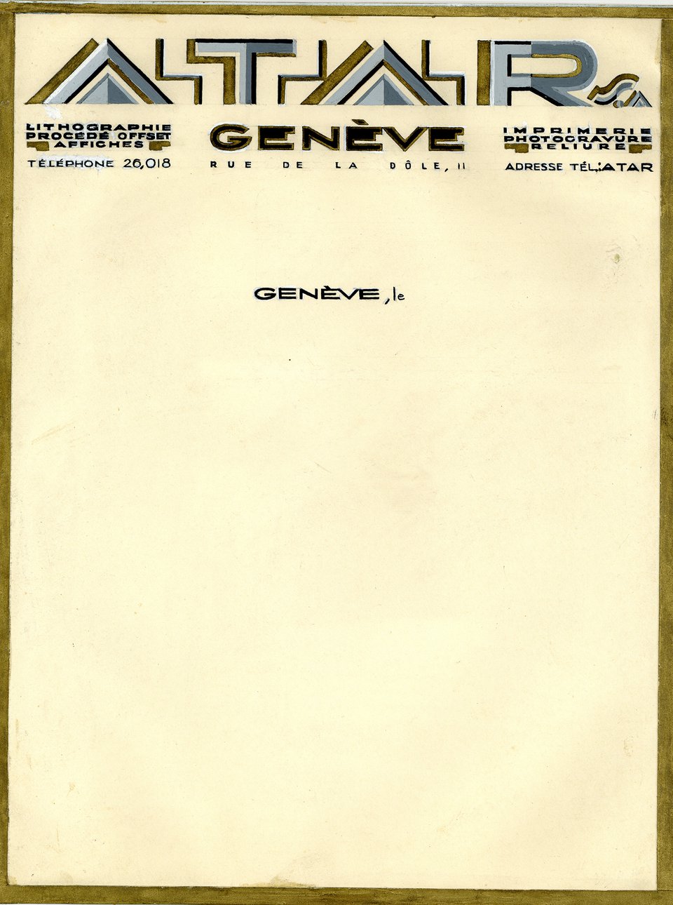 Atar, Genève, rue de la Dôle, 11 – Affiche ancienne – ANONYMOUS – 1930