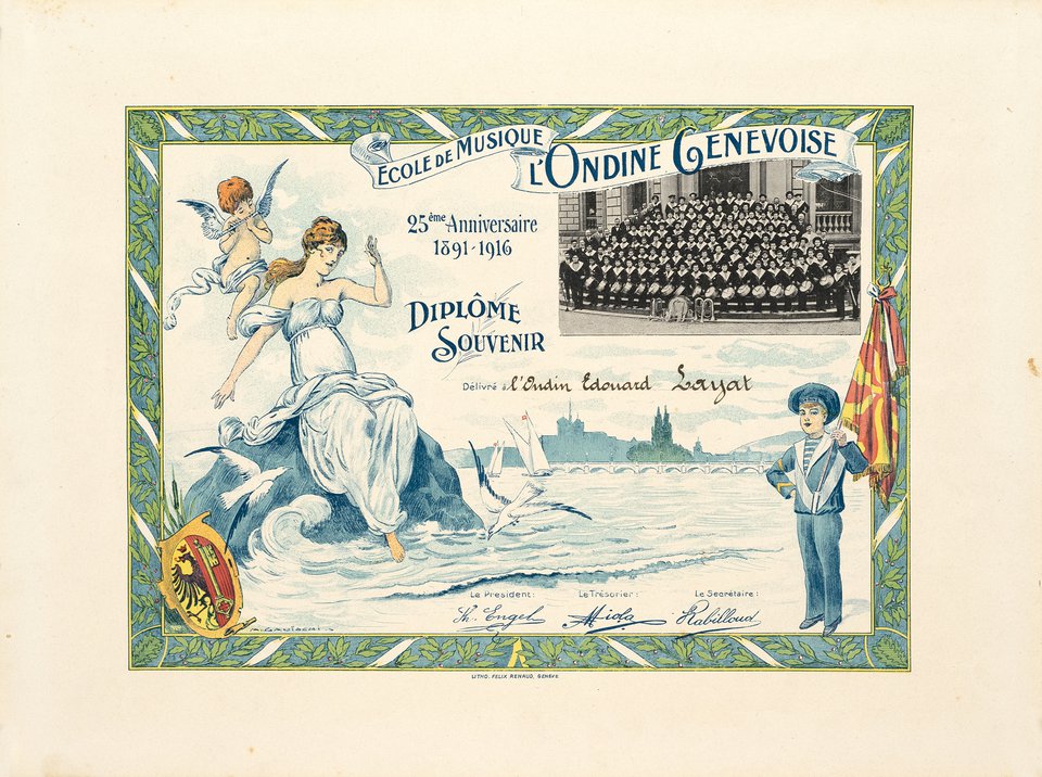 Diplôme Souvenir de l'École de Musique l'Ondie Genevoise – Affiche ancienne – A. GAUTSCHI – 1910