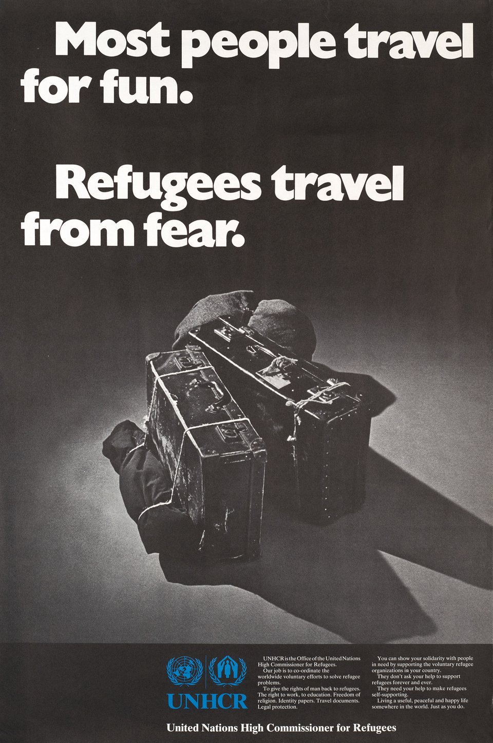 Most people travel for fun, Refugees travel from fear, UNHCR – Vintage poster – ANONYMOUS – 1970