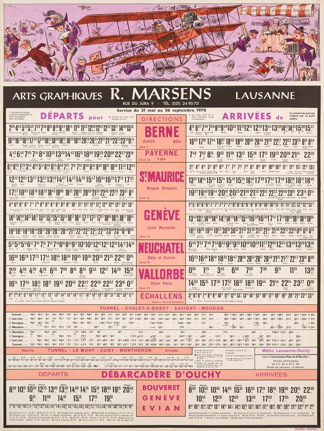 Horaires CFF et CGN, R. Marsens, Lausanne, service du 31 mai au 26 septembre 1970