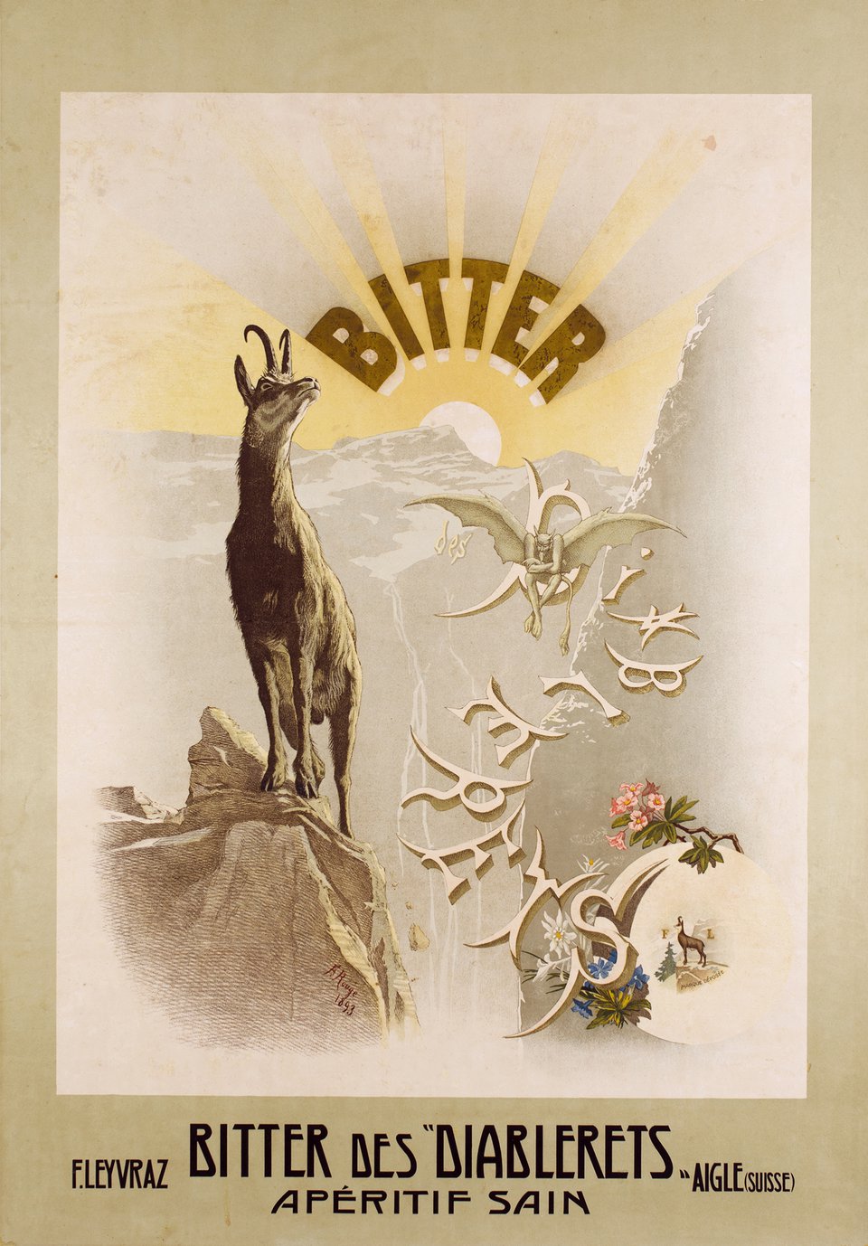 Diablerets, Bitter des Diablerets, Apéritif sain, 2ème édition – Affiche ancienne – Frederic ROUGE – 1910