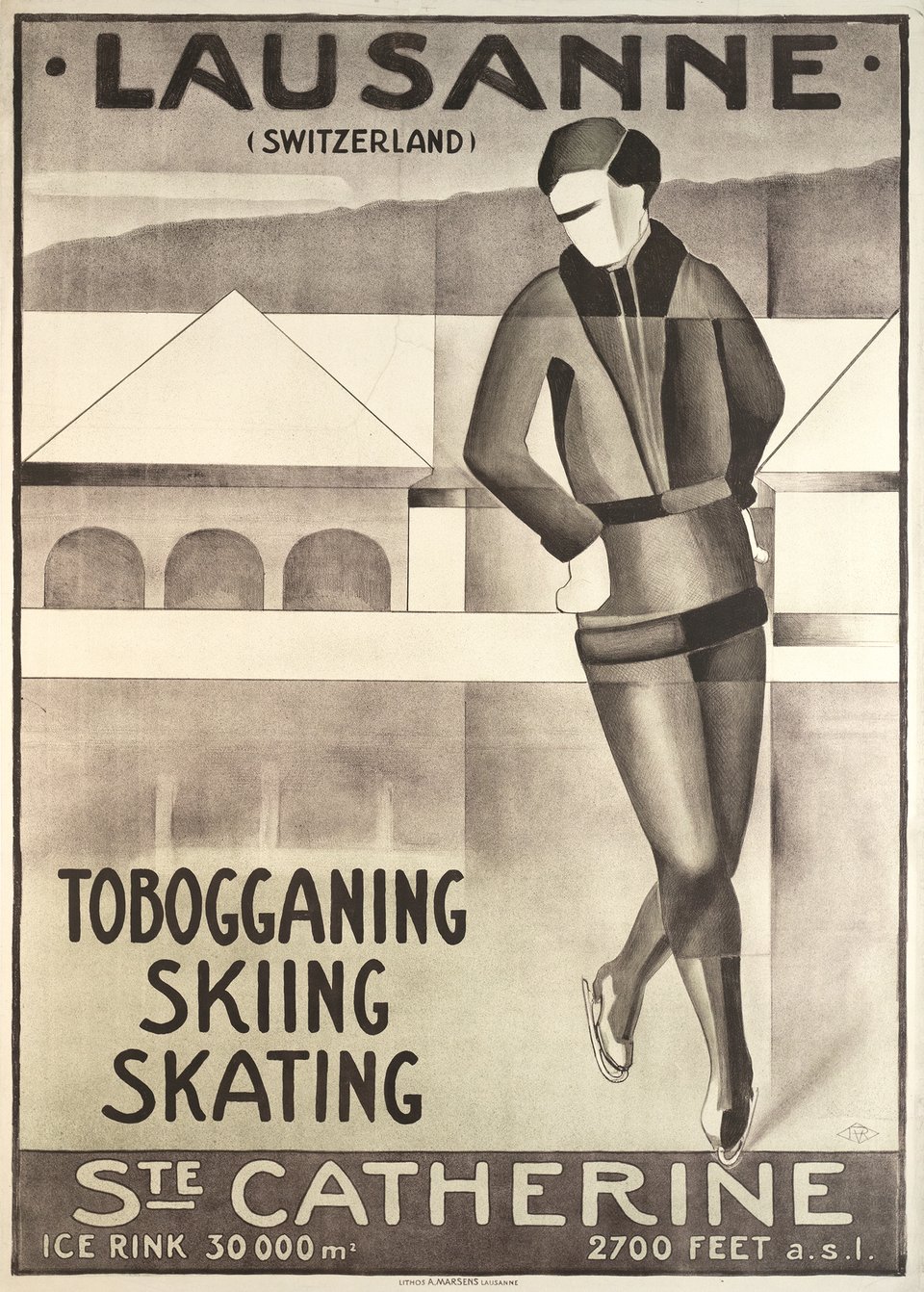 Lausanne, luge patin ski à Ste Catherine – Vintage poster – Violette ROSSET – 1930