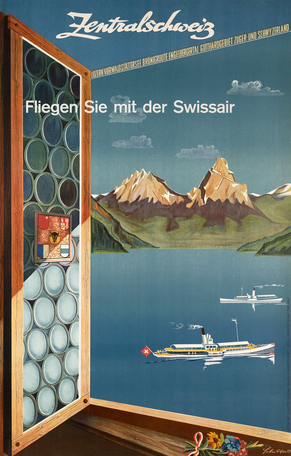 Fliegen Sie mit der Swissair, Zentralschweiz – Affiche ancienne – SCHILTER – 1951