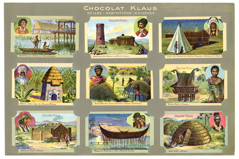 Chocolat Klaus, cartes chromos Habitation indigènes – Affiche ancienne – ANONYMOUS – 1905