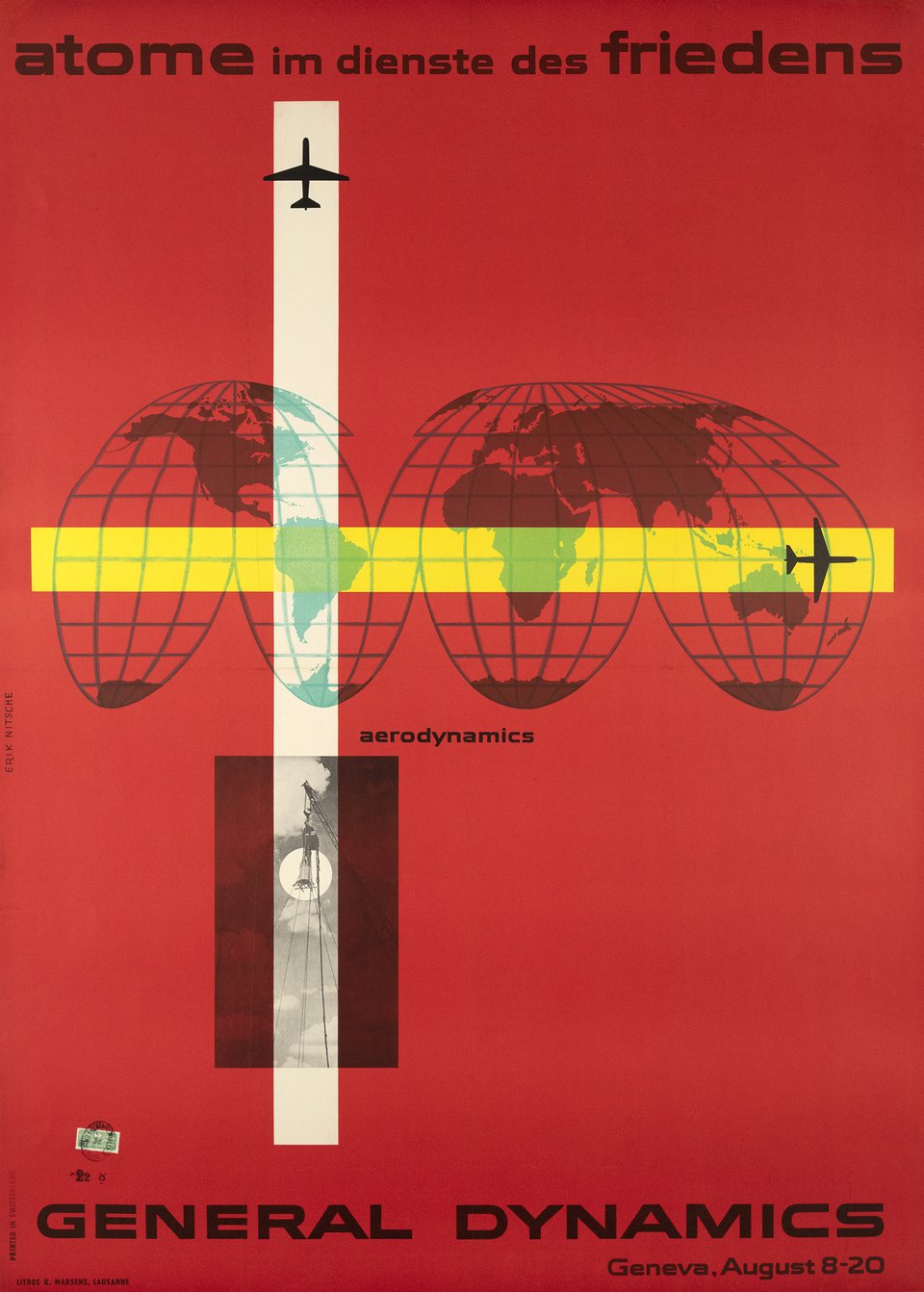 General Dynamics, Atome im Dienste des Friedens, Aerodynamics, Geneva, august 8-20 – Vintage poster – Erik NITSCHE – 1955