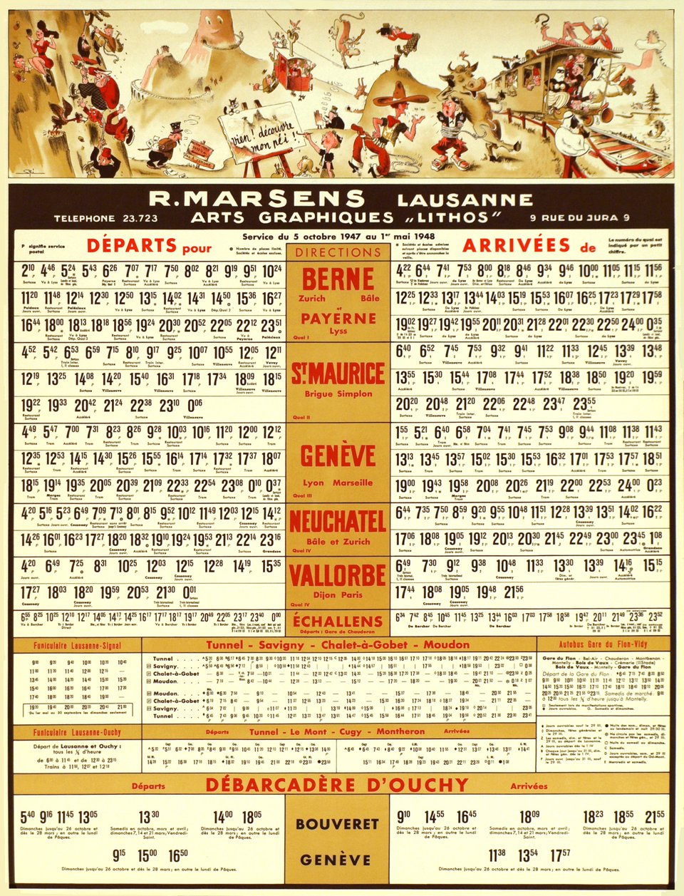 Horaires CFF et CGN, R. Marsens, Lausanne, service du 5 Octobre 1947 au 1er Mai 1948 – Vintage poster – Walther SPINNER – 1947
