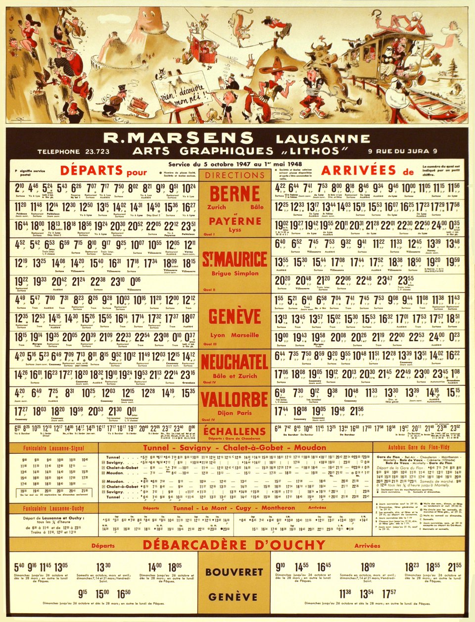 Horaires CFF et CGN, R. Marsens, Lausanne, service du 5 Octobre 1947 au 1er Mai 1948 – Vintage poster – Walther SPINNER – 1947