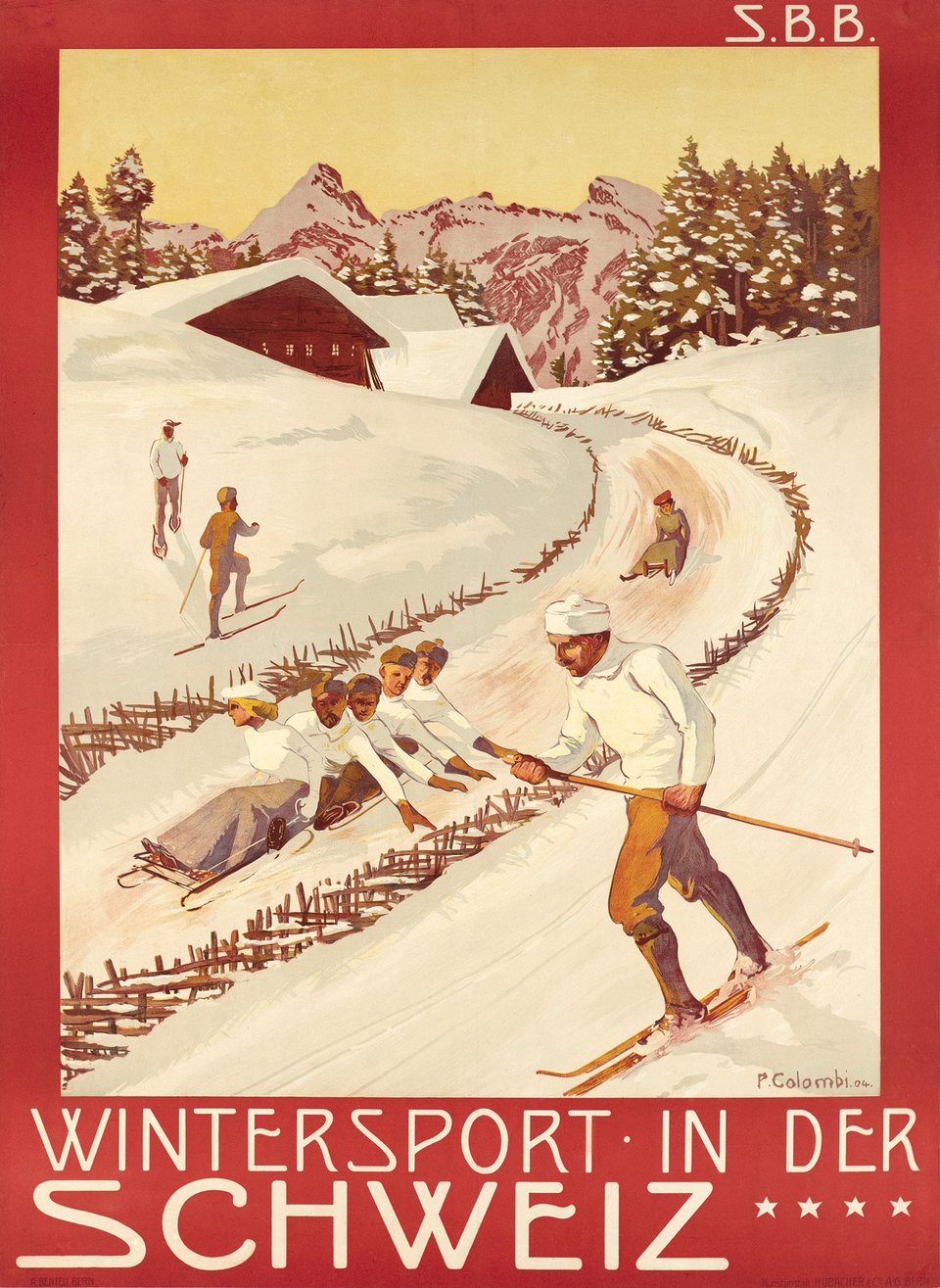 SBB, Wintersport in der Schweiz – Affiche ancienne – Plinio COLOMBI – 1904
