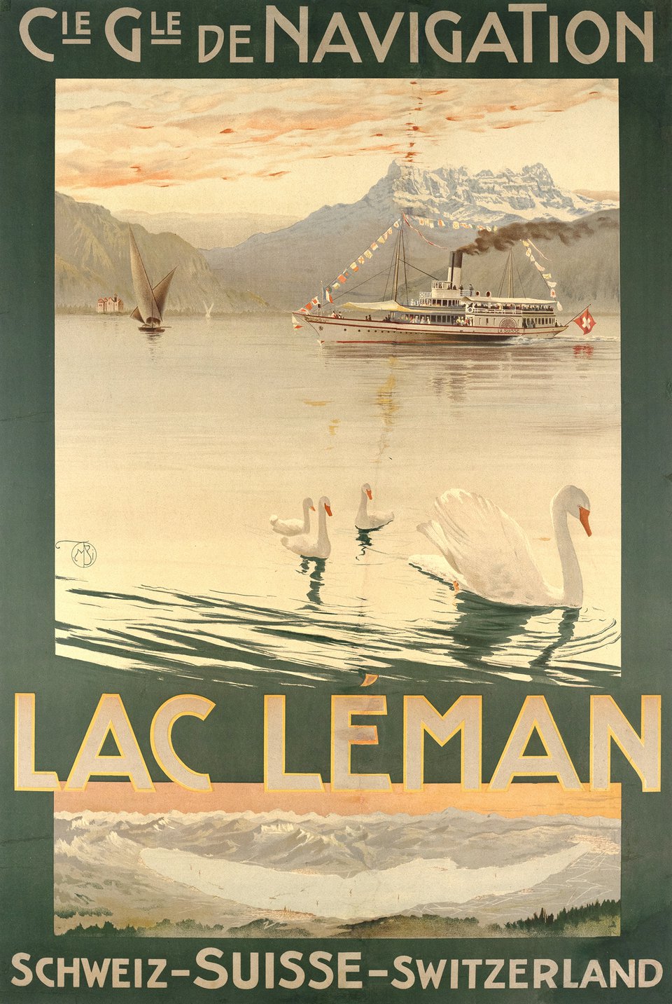 Compagnie Générale de Navigation, Lac Léman, Suisse – Affiche ancienne – Mario BORGONI – 1908
